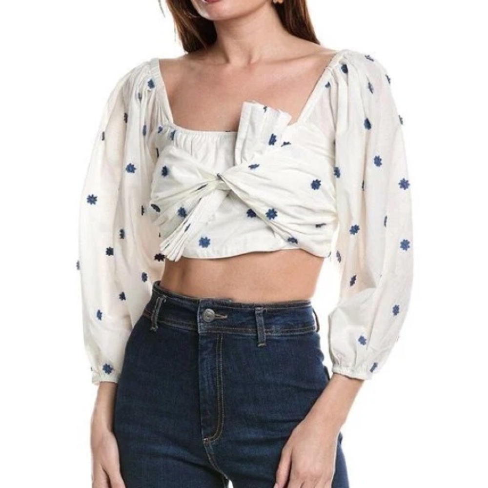 Farm Rio Flower Crop Top with Puffy Sleeves